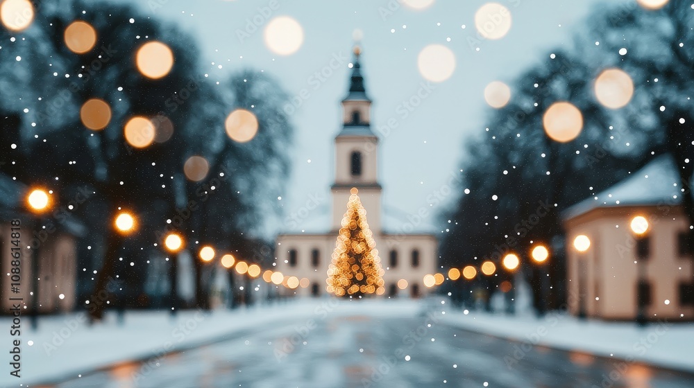 Fototapeta premium Magical Snowy Christmas Village Square with Illuminated Tree