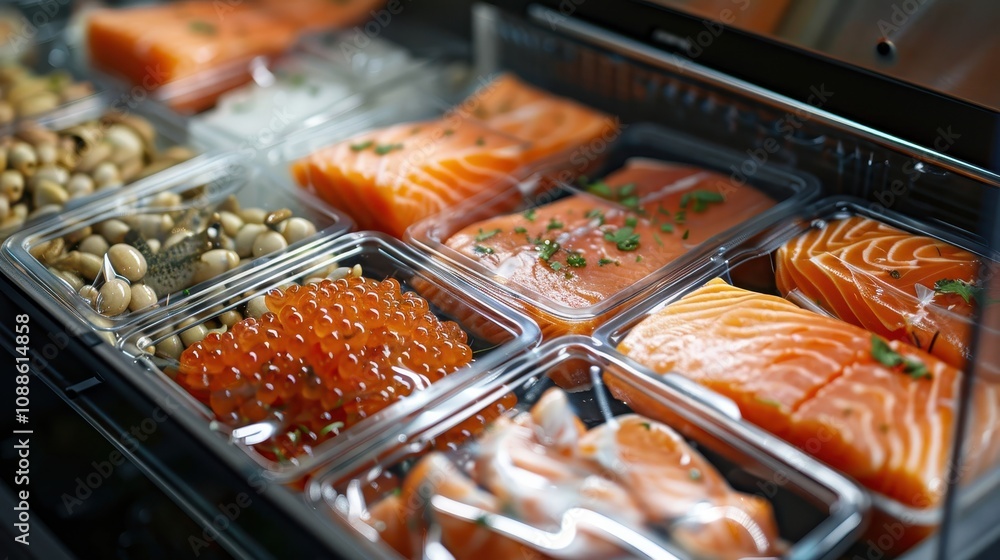 A vibrant display of fresh salmon fillets, salmon roe, and assorted seafood, neatly arranged in clear containers, showcasing their enticing colors and textures. A vibrant display of fresh salmon fillets, salmon roe, and assorted seafood, neatly arranged in clear containers, showcasing their enticing colors and textures.