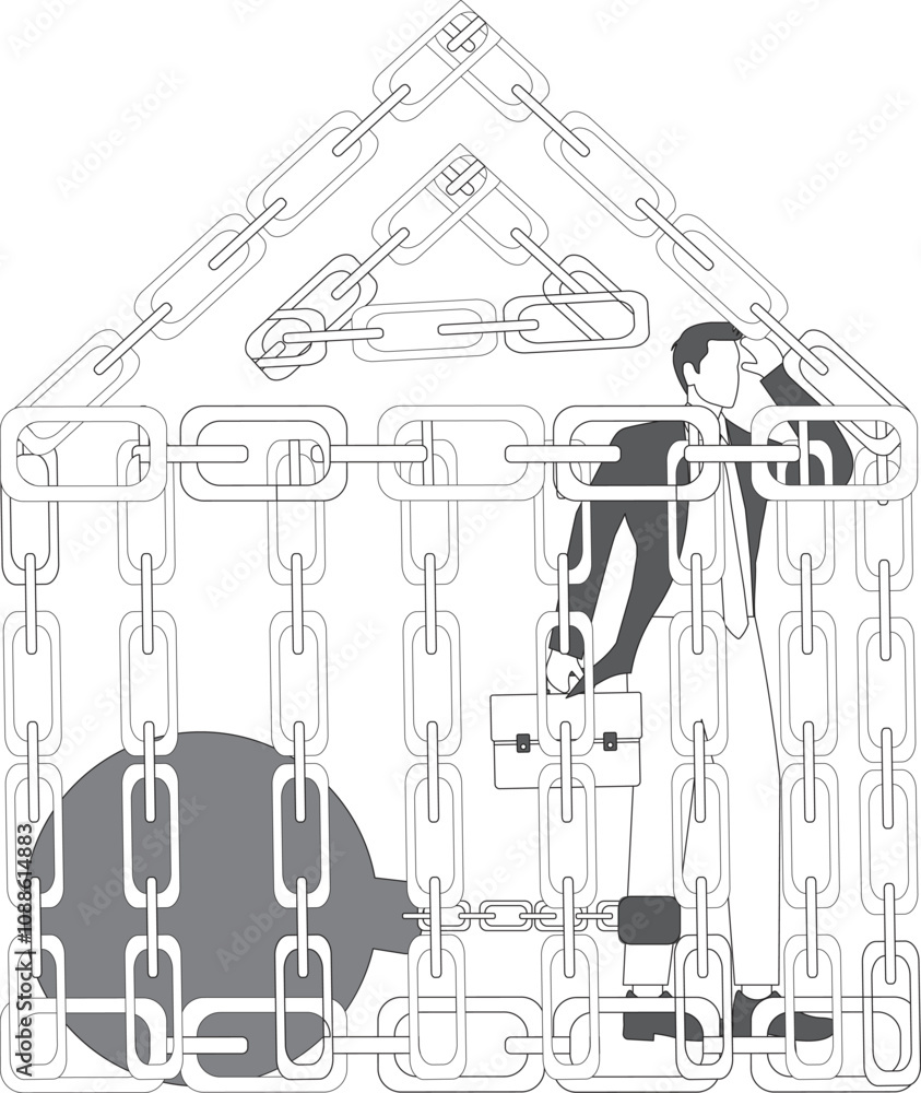 Businessman is locked in a huge dollar sign currency money with chain Businessman is locked in a huge dollar sign currency money with chain