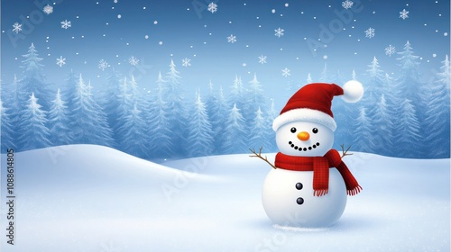 Merry christmas and happy new year greeting card with copy-space.Happy snowman standing in winter landscape.Snow background