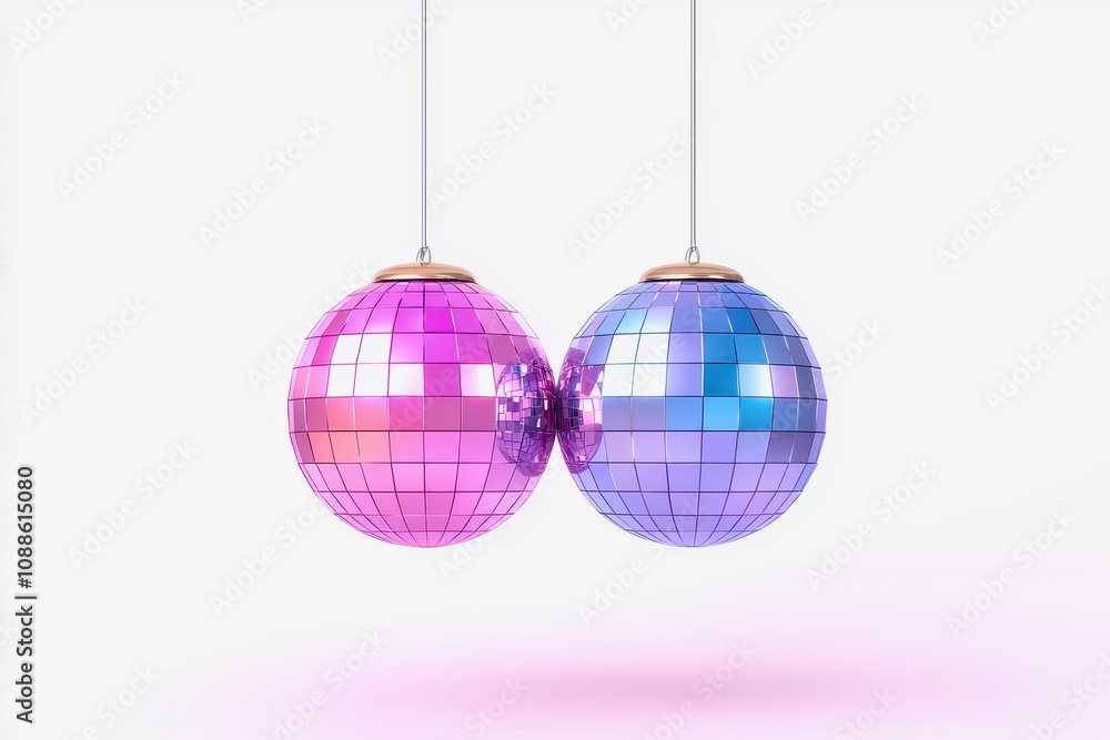 Fototapeta premium Two vibrant disco balls, one pink and one blue, hang gracefully against a soft background, reflecting light in a playful, festive manner.