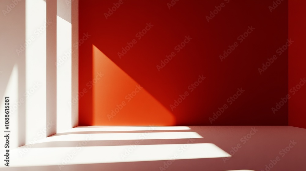 Obraz premium A minimalist interior with red walls and dynamic light shadow creating a vibrant atmosphere.