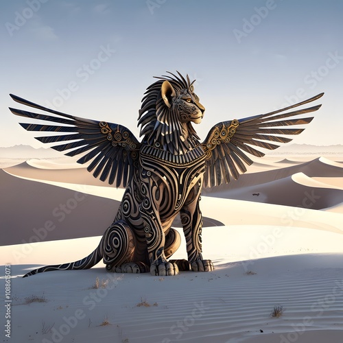 Winged predator soars above majestic lion statue, a breathtaking wildlife vector illustration photo