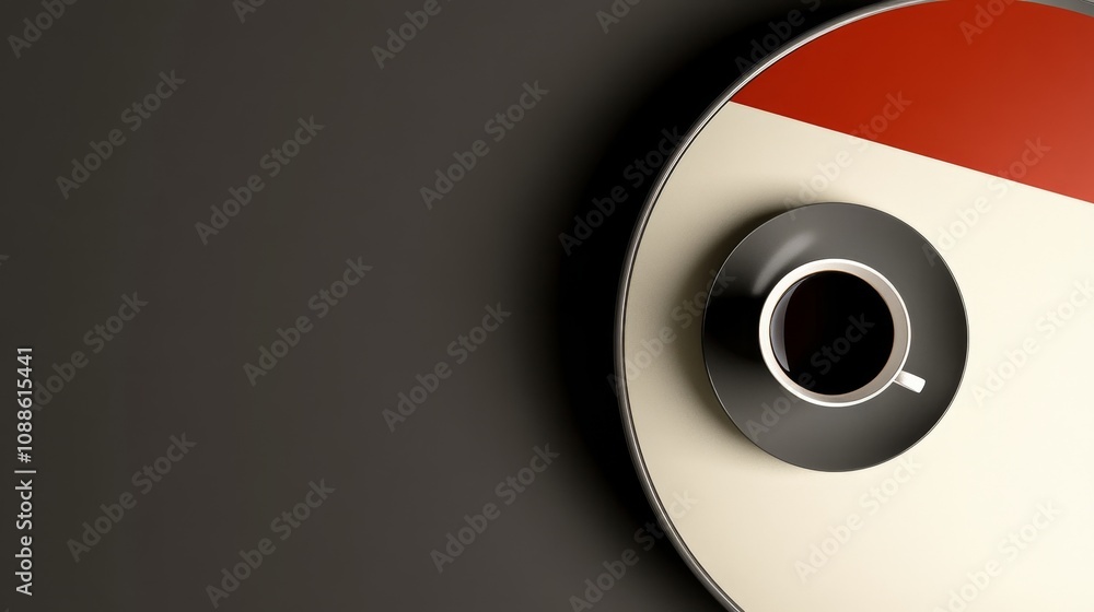 A minimalist coffee setup featuring a cup on a circular plate with contrasting color. A minimalist coffee setup featuring a cup on a circular plate with contrasting color.