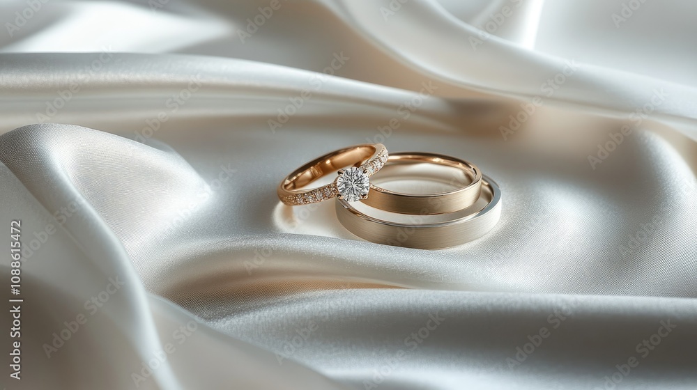 A romantic scene with two gold wedding rings on a soft white satin tablecloth, highlighted by a single diamond ring placed gracefully on top A romantic scene with two gold wedding rings on a soft white satin tablecloth, highlighted by a single diamond ring placed gracefully on top