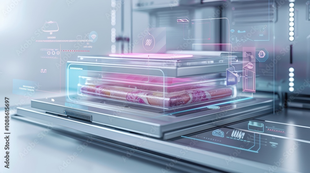A futuristic device showcasing stacked materials with a digital overlay, illustrating advanced technology and innovation in manufacturing. A futuristic device showcasing stacked materials with a digital overlay, illustrating advanced technology and innovation in manufacturing.