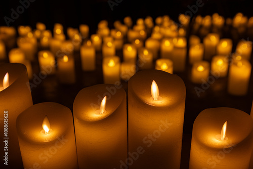 blurred symphonic orchestra on stage with lots of candles