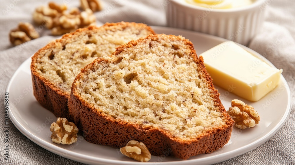 Freshly Baked Banana Bread Slices on a Plate with Butter and Walnuts, Perfect for Breakfast or Dessert with a Cozy Home Vibe and Textured Background Freshly Baked Banana Bread Slices on a Plate with Butter and Walnuts, Perfect for Breakfast or Dessert with a Cozy Home Vibe and Textured Background