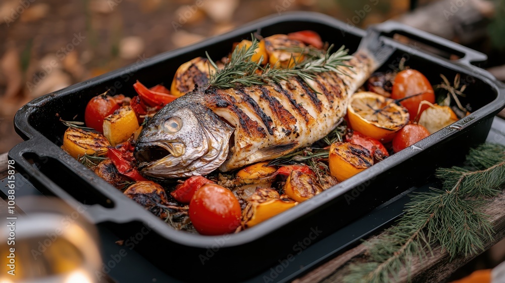 A beautifully grilled fish served with colorful roasted vegetables, creating a delicious outdoor dining experience. A beautifully grilled fish served with colorful roasted vegetables, creating a delicious outdoor dining experience.