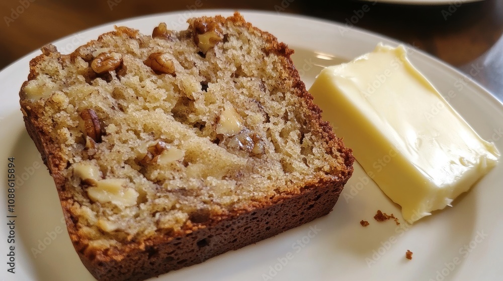 Delicious homemade banana bread slice on a white plate served with a pat of creamy butter for a perfect breakfast or snack experience with texture and flavor. Delicious homemade banana bread slice on a white plate served with a pat of creamy butter for a perfect breakfast or snack experience with texture and flavor.