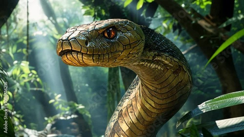 King Cobra with hood expanded, capturing its powerful stance in a forest setting.