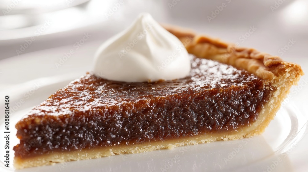 Delicious slice of chocolate pie garnished with whipped cream served on a white plate in a bright kitchen setting, perfect for dessert photography and culinary art. Delicious slice of chocolate pie garnished with whipped cream served on a white plate in a bright kitchen setting, perfect for dessert photography and culinary art.
