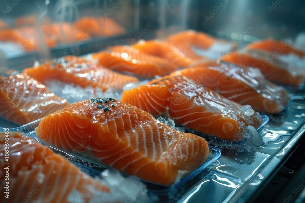 Fresh salmon fillets displayed in a refrigerated case, showcasing their vibrant orange color and glistening texture. Fresh salmon fillets displayed in a refrigerated case, showcasing their vibrant orange color and glistening texture.