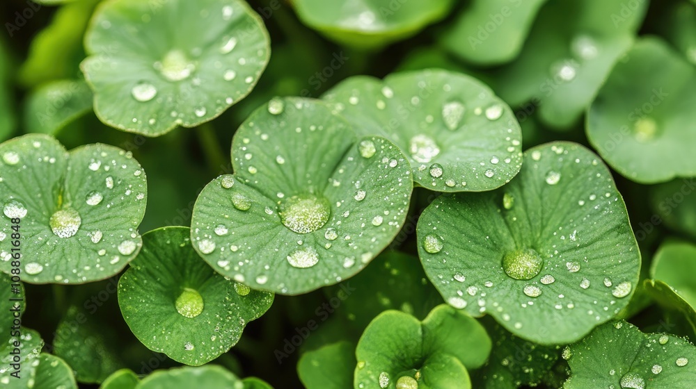 Radiant water droplets glimmering on lush green leaves under soft natural light, showcasing the vibrant freshness and serenity of the outdoor environment Radiant water droplets glimmering on lush green leaves under soft natural light, showcasing the vibrant freshness and serenity of the outdoor environment