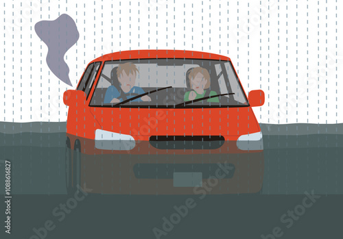 災害、豪雨に襲われて水没、止まった乗用車。困惑する運転手と助手席の女性のイラスト