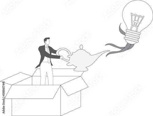 Businessman finds a magic lamp and unleashes the charismatic idea light bulb within