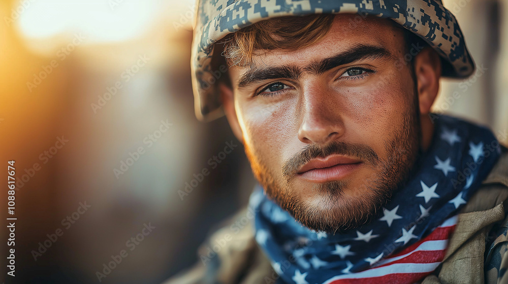 American soldiers, determined expression, wearing a scarf with stars and stripes, sunset background, Independence Day concept American soldiers, determined expression, wearing a scarf with stars and stripes, sunset background, Independence Day concept