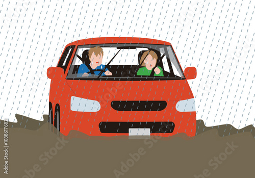 災害、水没の危険のある乗用車。困惑する運転手と助手席の女性のイラスト
