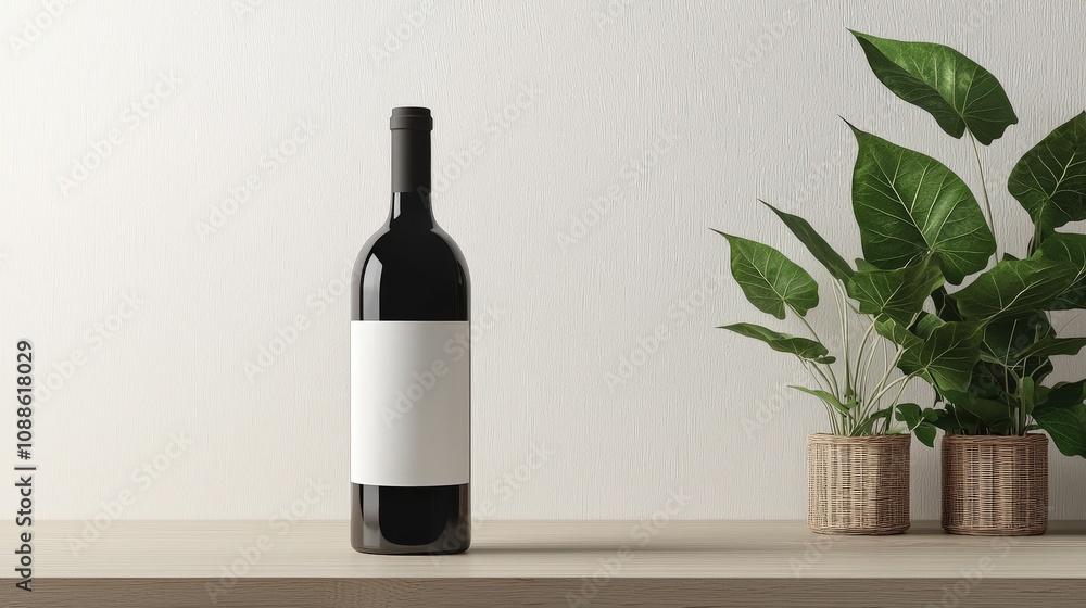 Elegant Wine Bottle Mockup Blank Label Plants Wood Table Elegant Wine Bottle Mockup Blank Label Plants Wood Table