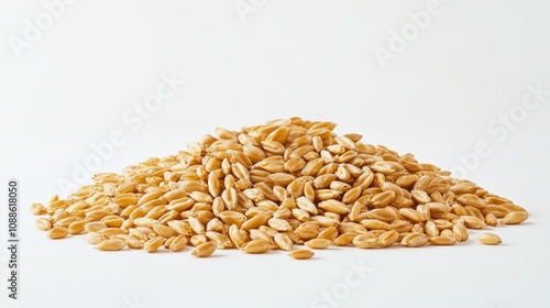 An elegant display of unhusked wheat grains is showcased against a pristine white background. photo