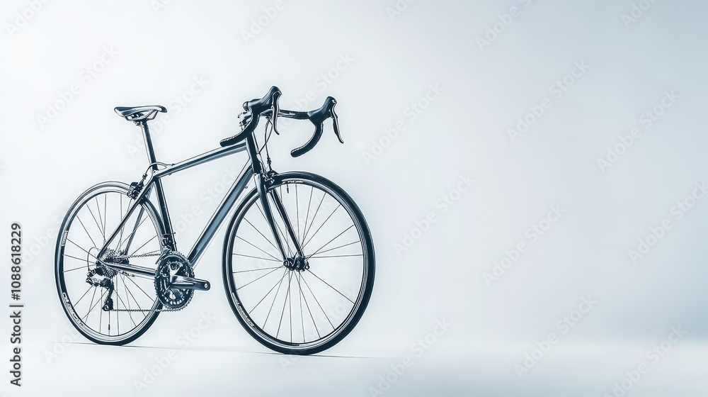 An elegant road bike, with its lightweight frame and aerodynamic design, is positioned against a bright white background. An elegant road bike, with its lightweight frame and aerodynamic design, is positioned against a bright white background.