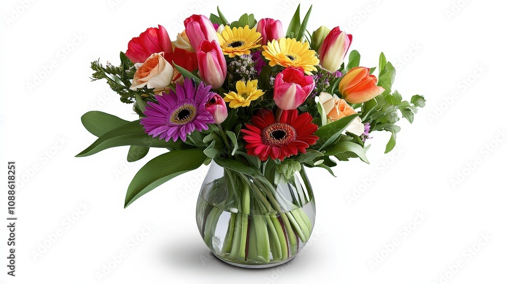 An elegant vase brimming with colorful flowers is artfully placed on a pristine white background An elegant vase brimming with colorful flowers is artfully placed on a pristine white background