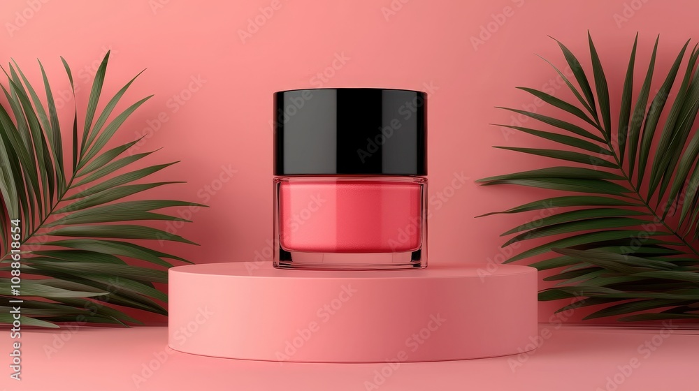 Pink Nail Polish Bottle on Pink Pedestal with Palm Leaves Pink Nail Polish Bottle on Pink Pedestal with Palm Leaves