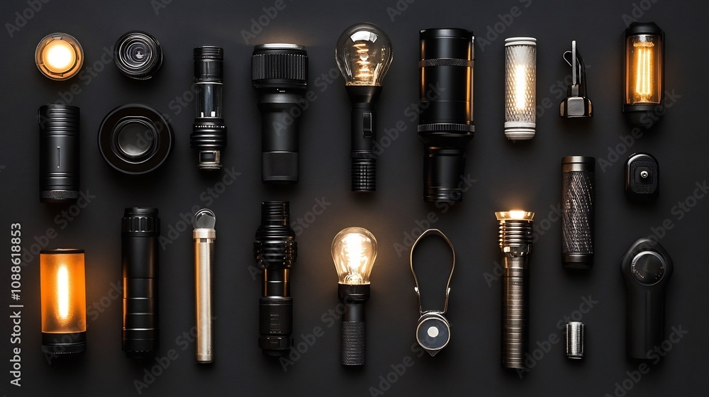 Variety of Flashlights Displayed on Dark Background for Photography or Studio Use Variety of Flashlights Displayed on Dark Background for Photography or Studio Use