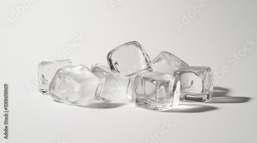 Clear ice cubes are arranged on a white background, their smooth, glassy surfaces catching the light.