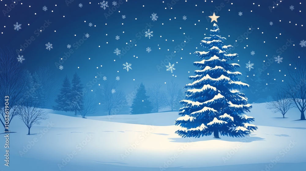 A serene winter scene featuring a snow-covered Christmas tree under a starry sky. A serene winter scene featuring a snow-covered Christmas tree under a starry sky.