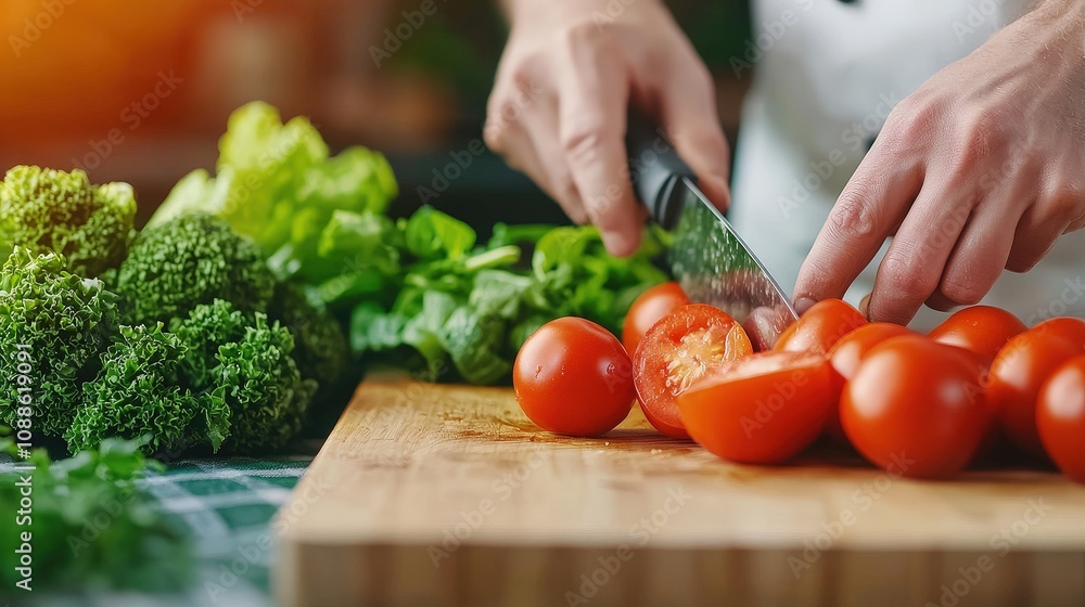 Chef Chopping Fresh Tomatoes and Vegetables on Wooden Board Chef Chopping Fresh Tomatoes and Vegetables on Wooden Board