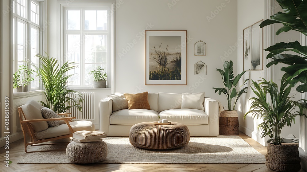 Sunlit living room with beige sofa, armchair, plants, and wooden coffee table. Sunlit living room with beige sofa, armchair, plants, and wooden coffee table.