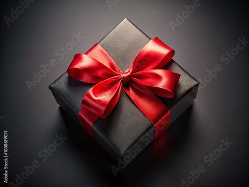 Realistic Top View of a Luxurious Black Gift Box Tied with a Red Ribbon, Beautifully Lit with Soft Smooth Lighting for Elegant Holiday and Celebration Themes