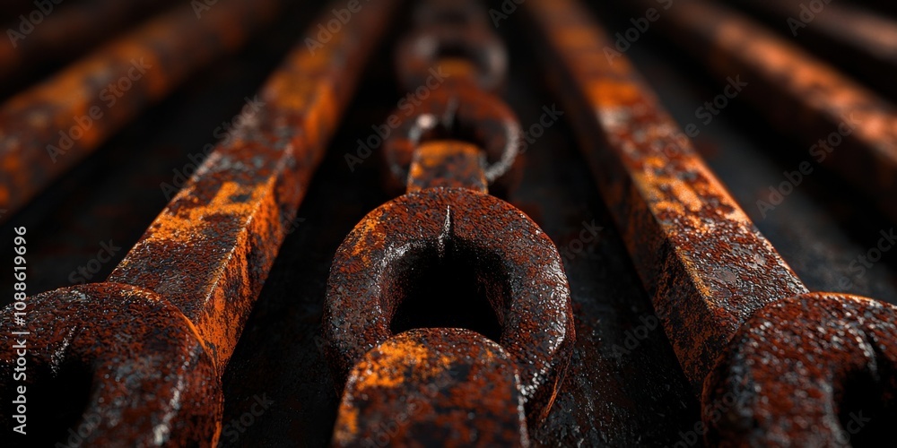 Rusty industrial chains abandoned factory high-detail close-up dark environment artistic viewpoint texture exploration Rusty industrial chains abandoned factory high-detail close-up dark environment artistic viewpoint texture exploration
