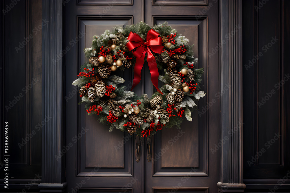 A christmas wreath on a door with a red bow.
A christmas wreath on a door with a red bow.