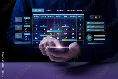 Business Planning Calendar Agenda work schedule and Project management concept. Businessman manages time for effective work with Calendar on virtual screen. Time management. Reminder appointment.