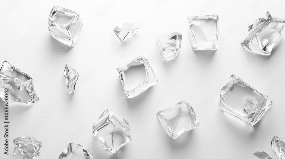 Ice cubes are scattered across a white backdrop, their clear, glassy surfaces reflecting the soft light. Ice cubes are scattered across a white backdrop, their clear, glassy surfaces reflecting the soft light.