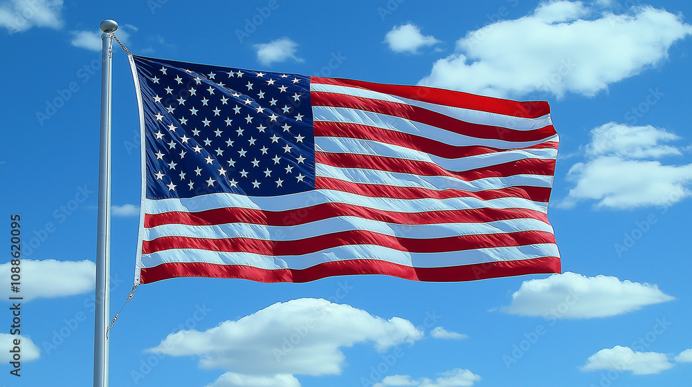 Independence Day celebration USA flag waving against a blue sky with clouds Independence Day celebration USA flag waving against a blue sky with clouds