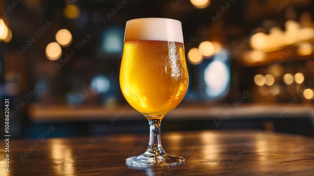 Refreshing Glass of Golden Beer on a Wooden Table, Blurred Pub Background with Warm Lighting Refreshing Glass of Golden Beer on a Wooden Table, Blurred Pub Background with Warm Lighting