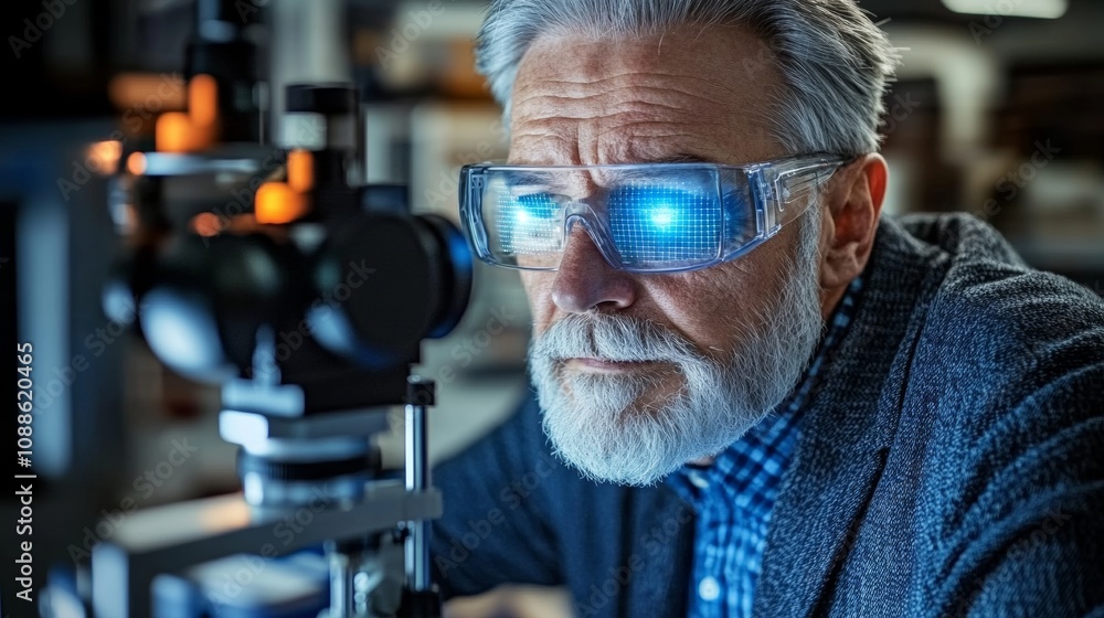 Ophthalmologist Analyzing Eye Metrics with Futuristic HUD during Examination, Cinematic Look Ophthalmologist Analyzing Eye Metrics with Futuristic HUD during Examination, Cinematic Look