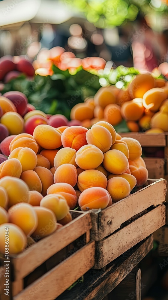 Fresh Apricots in Wooden Crate at Market Stall Fresh Apricots in Wooden Crate at Market Stall