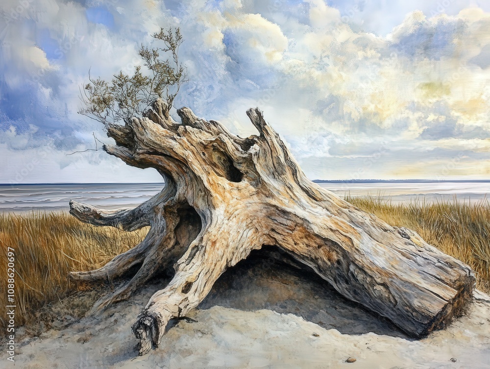 A weathered tree trunk rests on the sandy beach, surrounded by grass and under a dramatic sky. Nature's beauty captured in detail. A weathered tree trunk rests on the sandy beach, surrounded by grass and under a dramatic sky. Nature's beauty captured in detail.
