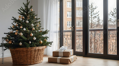 christmas tree in front of a fireplace, ai generated