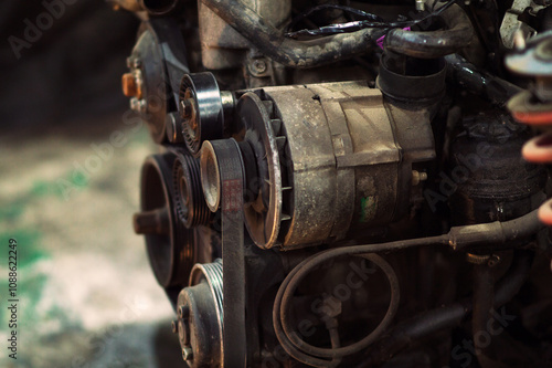 a mechanic disassembles an old dirty car engine on a red lift for repair and tuning