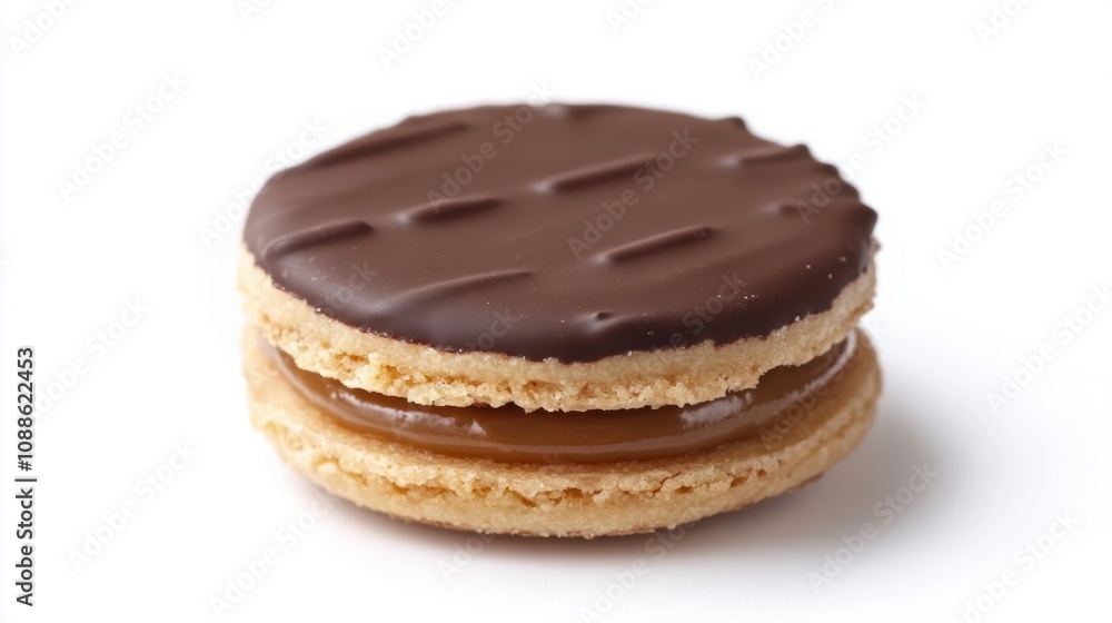Delicious Chocolate Coated Sandwich Cookie with Caramel Filling on White Background Perfect for Food Photography and Culinary Projects Delicious Chocolate Coated Sandwich Cookie with Caramel Filling on White Background Perfect for Food Photography and Culinary Projects