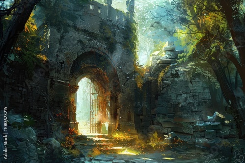 Ancient Stone Archway Leading into a Sunlit Forest