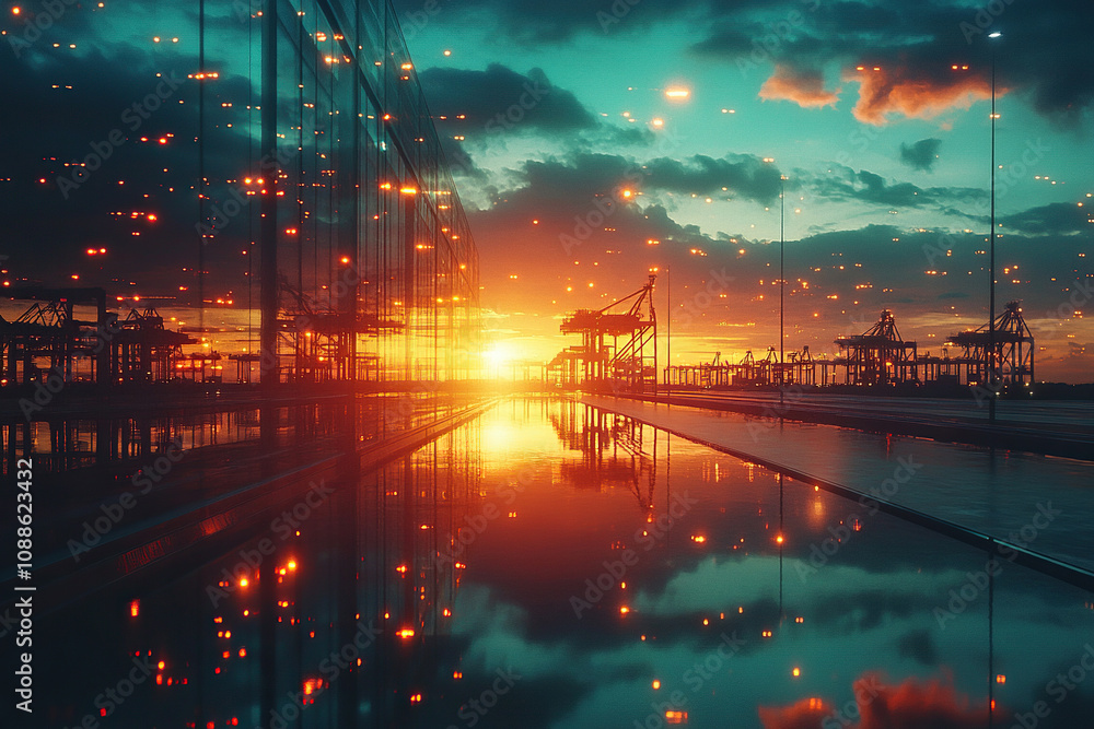 Large seaport for logistics and transportation operations with many cargo containers and cranes at sunrise or sunset. Cargo transportation concept Large seaport for logistics and transportation operations with many cargo containers and cranes at sunrise or sunset. Cargo transportation concept