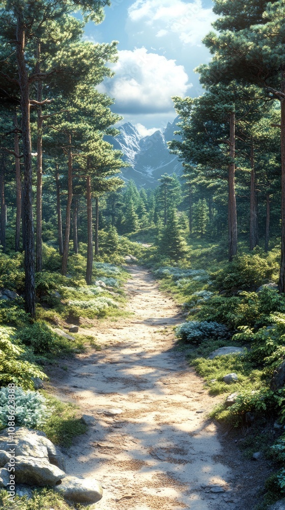 Obraz premium Lush forest path leading to mountains under a bright sky.