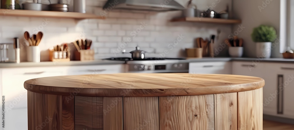 Empty beautiful round wood tabletop counter on interior in clean and bright kitchen background, Ready for display, Banner, for product montage Empty beautiful round wood tabletop counter on interior in clean and bright kitchen background, Ready for display, Banner, for product montage