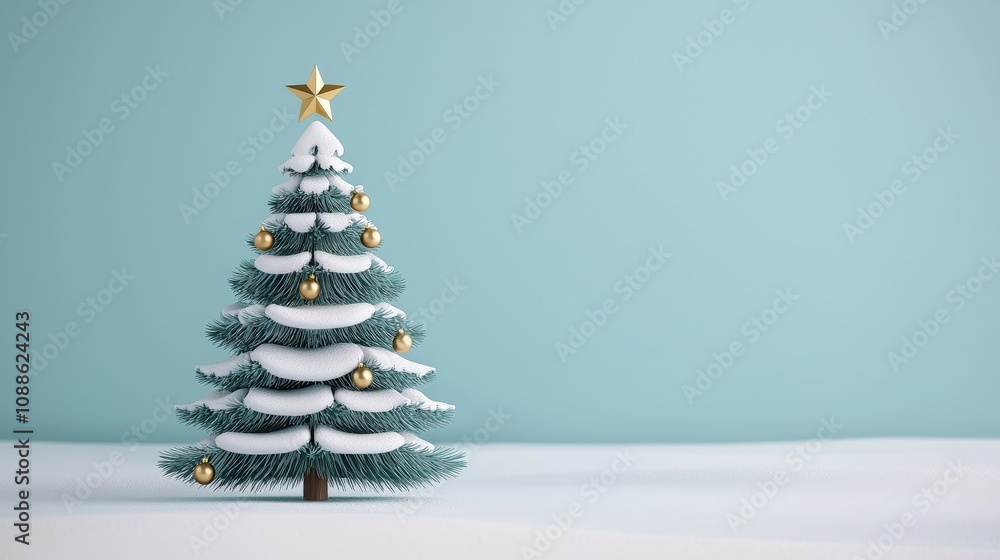 Snowy Christmas Tree Gold Ornaments Winter Holiday Scene Festive Background Snowy Christmas Tree Gold Ornaments Winter Holiday Scene Festive Background